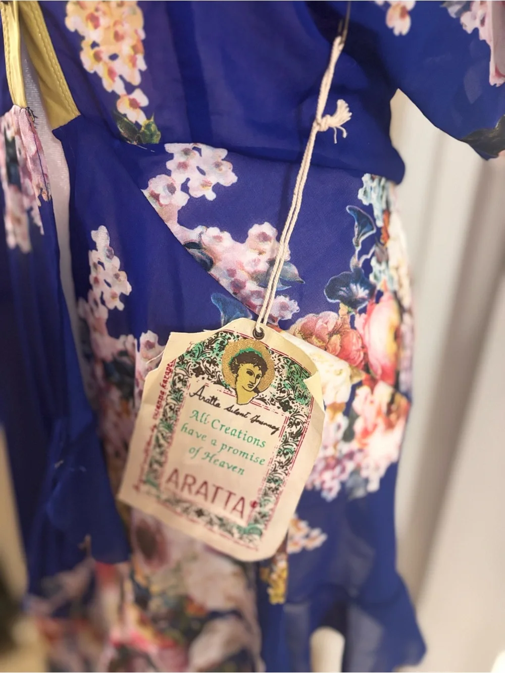Aratta Royal Blue Floral V-Neck Ruffle Dress with Olive Trim